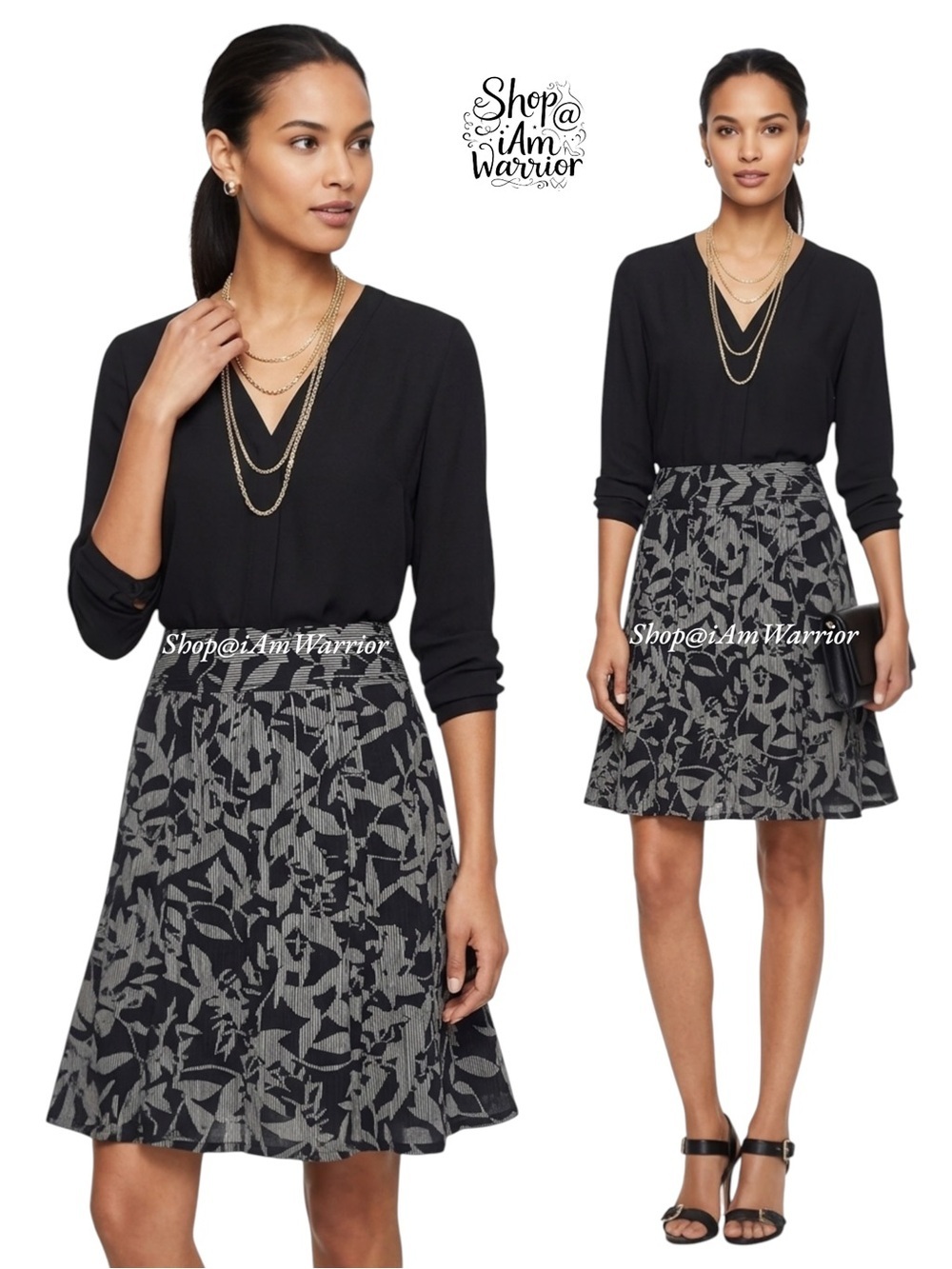 Ann Taylor black & ivory cotton print a-line skirt *shop@iamwarrior